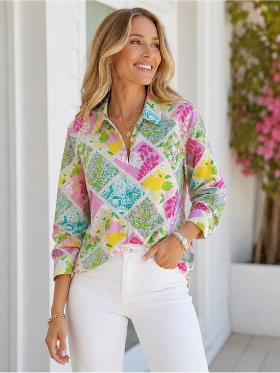 Lilly Pulitzer Tops - Vintage Lilly Pulitzer Cotton Patchwork Tropical Print Button Front Shirt M